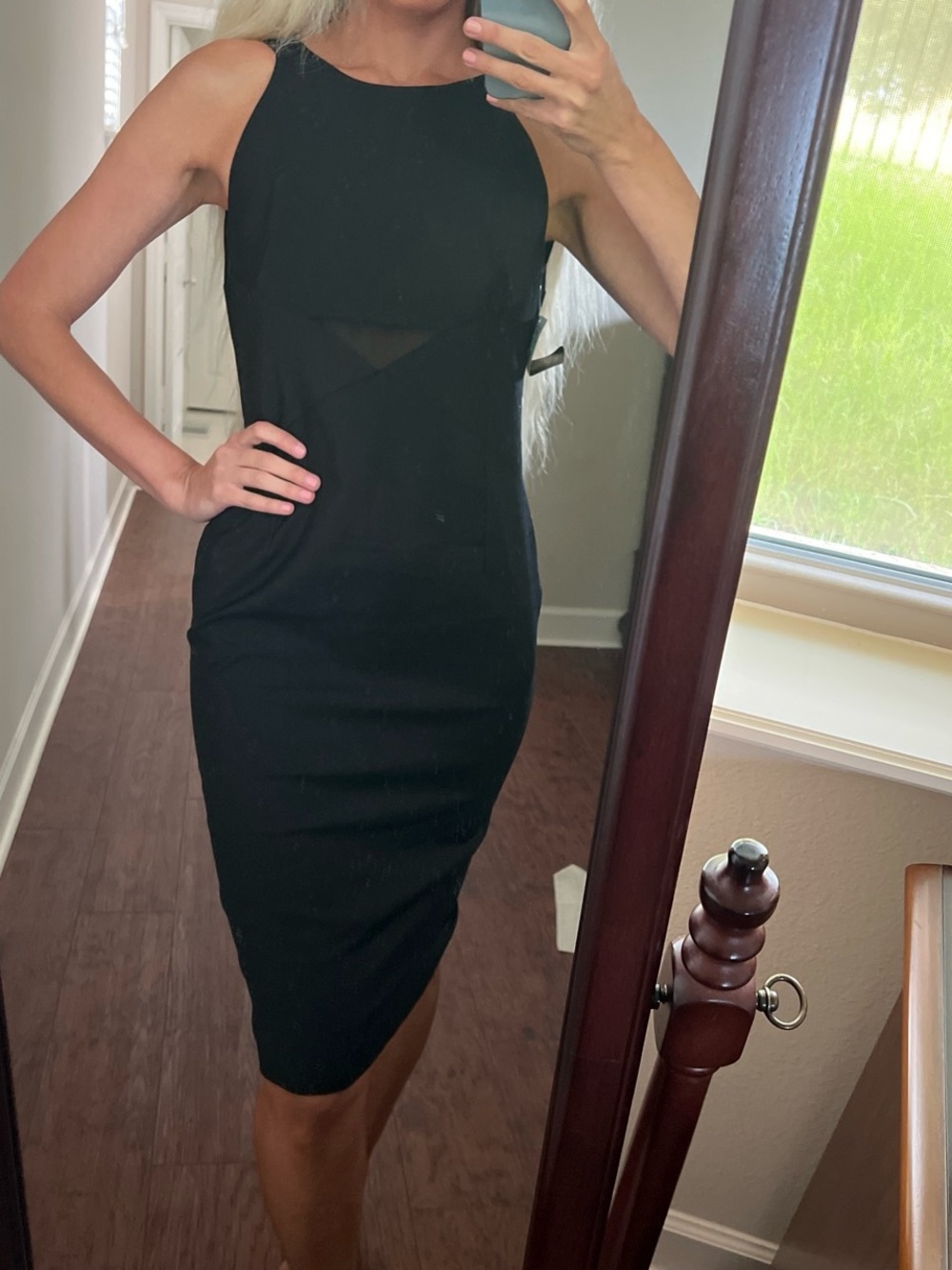 Zara Black Sleeveless Midi Sheath Dress with Mesh Detail